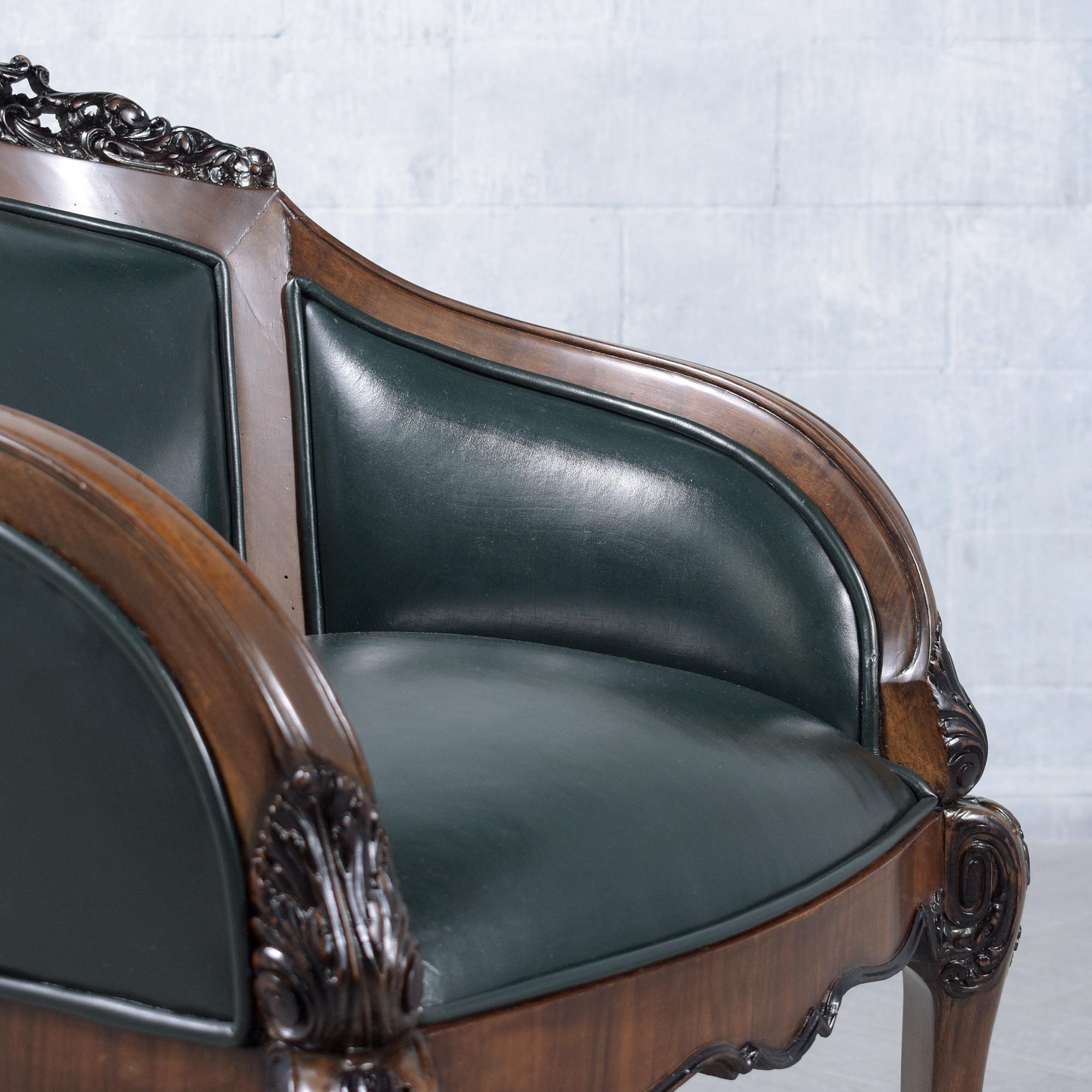 19th-Century English Chinoiserie Bergères: Restored Elegance in Green Leather For Sale 7