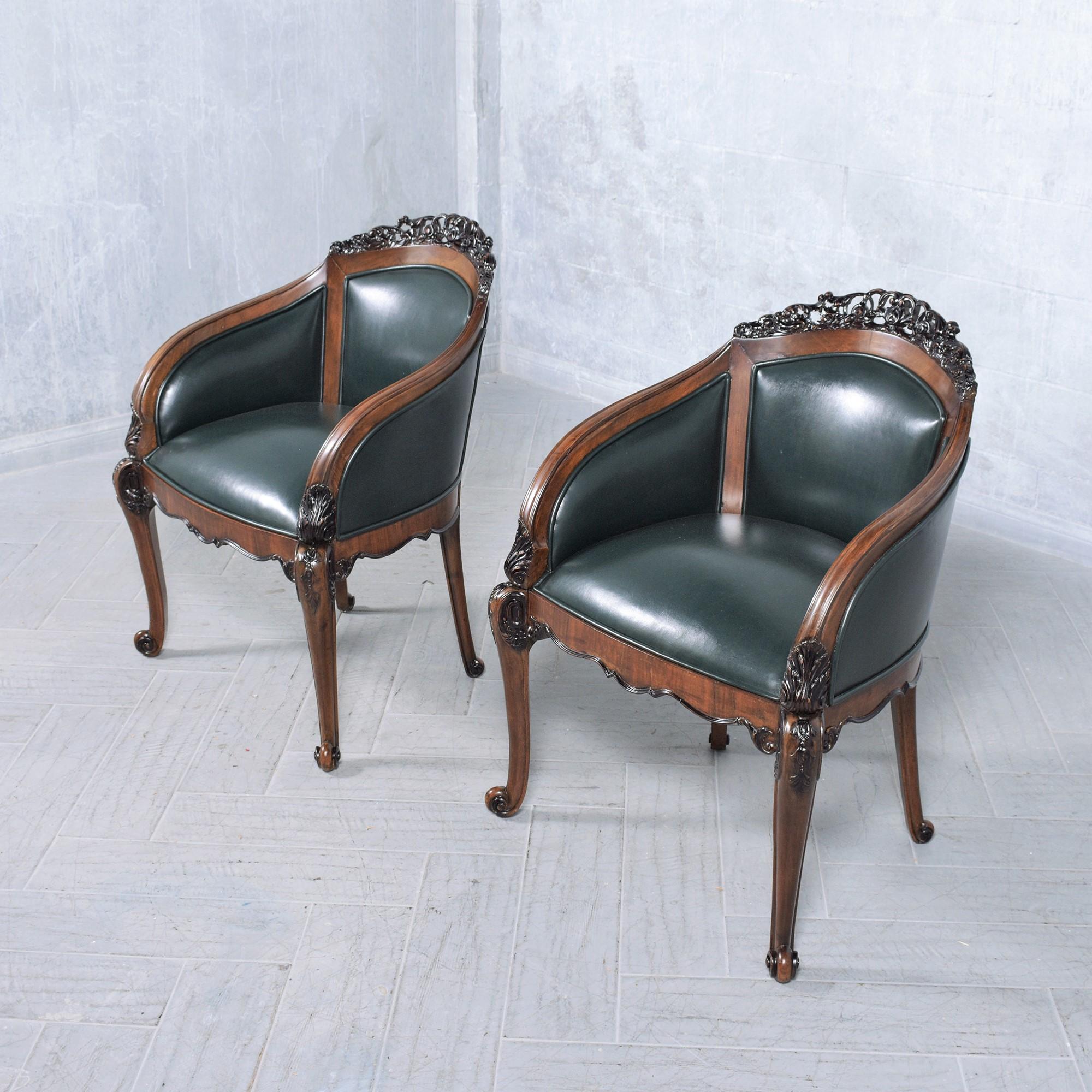 19th-Century English Chinoiserie Bergères: Restored Elegance in Green Leather For Sale 2