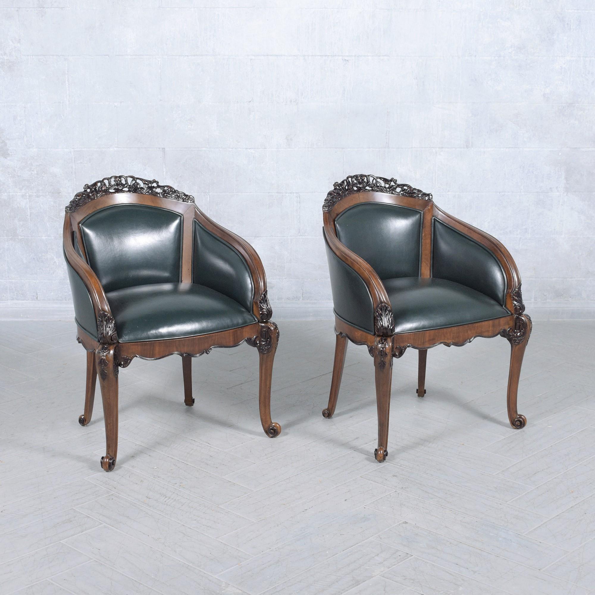 19th-Century English Chinoiserie Bergères: Restored Elegance in Green Leather For Sale 3