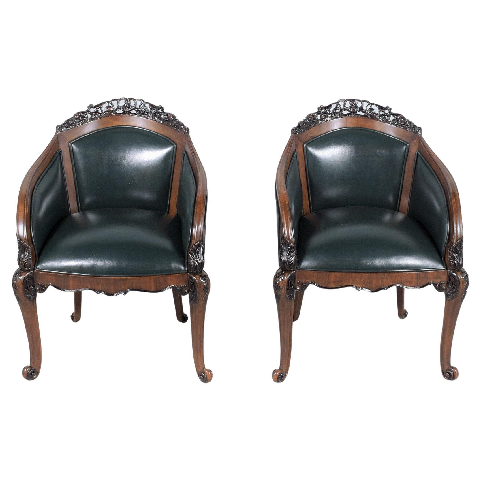 19th-Century English Chinoiserie Bergères: Restored Elegance in Green Leather For Sale