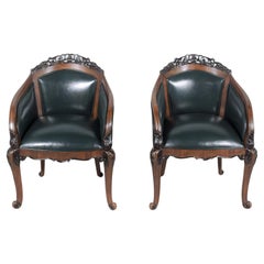 19th-Century English Chinoiserie Bergères: Restored Elegance in Green Leather
