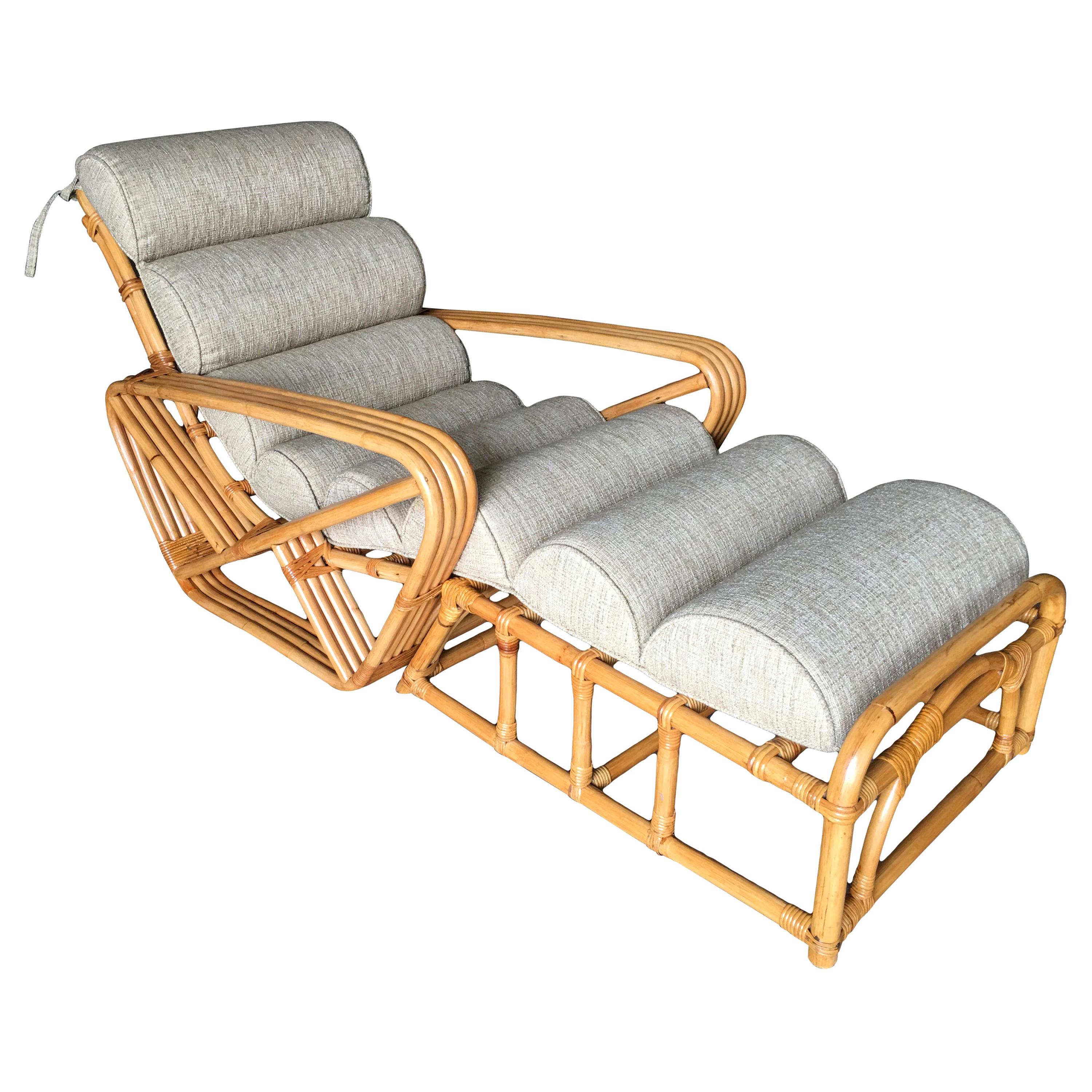 Restored 2-Piece Four-Strand Square Pretzel Rattan Chaise Lounge