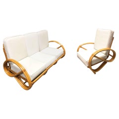 Restored 2-Strand 3/4 Pretzel Rattan Sectional Sofa w/ Lounge Chair