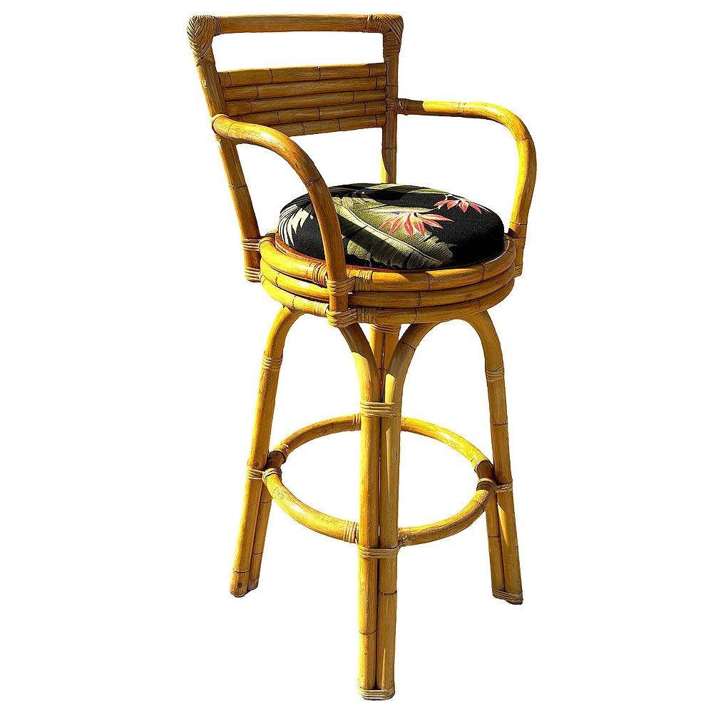 This beautifully restored Paul Frankl-inspired 1950s rattan bar stools combines Mid-century Modernist styling with the warmth of Hawaiian aesthetics. Each stool is crafted with arches on each side of the stool, two-stranded legs, and a stacked