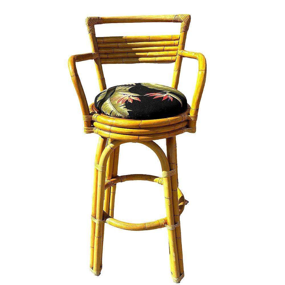 Mid-Century Modern Restored 2-Strand Arch Base Rattan Bar Stools w/ Armrest, Set of 3 For Sale