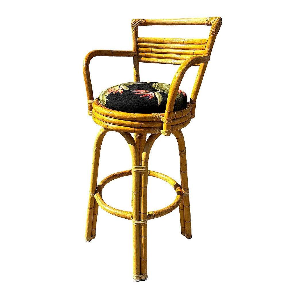American Restored 2-Strand Arch Base Rattan Bar Stools w/ Armrest, Set of 3 For Sale