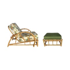 Restored 2-Strand Half Moon Rattan Lounge Chair w/ Adjustable Back & Ottoman