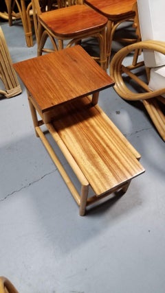 Restored 2-Tier Rattan & Mahogany Side Lamp Table