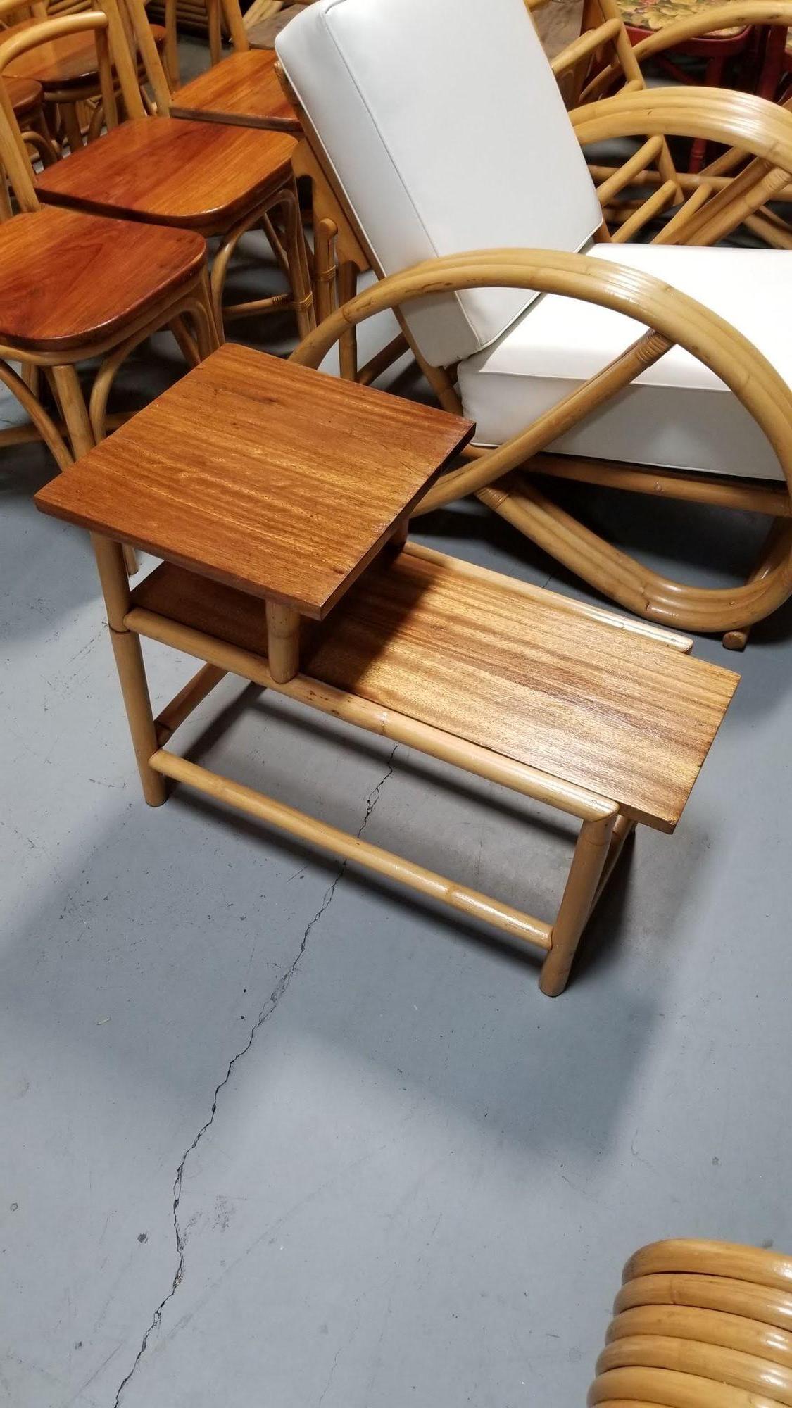 Restored 2-Tier Rattan & Mahogany Side Lamp Table In Excellent Condition For Sale In Van Nuys, CA