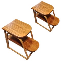 Restored 2-Tier Rattan & Mahogany Side Lamp Table, Pair