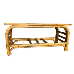 Restored 2-Tier Rattan Staple Base Coffee Table w/ Mahogany