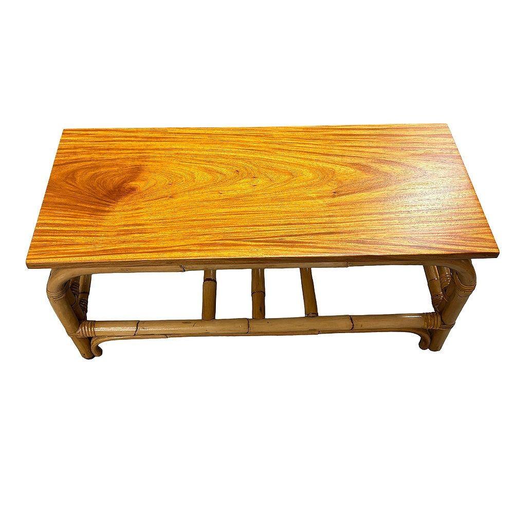 American Restored 2-Tier Rattan Staple Base Coffee Table w/ Mahogany For Sale