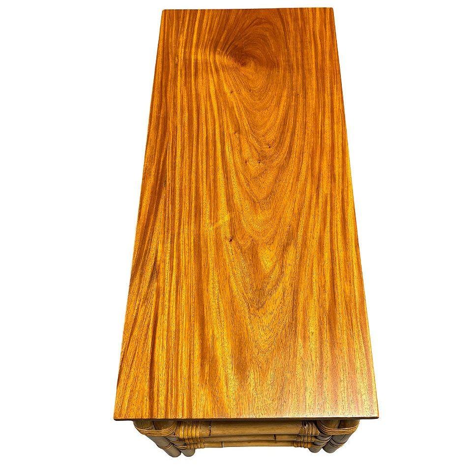 Restored 2-Tier Rattan Staple Base Coffee Table w/ Mahogany In Excellent Condition For Sale In Van Nuys, CA