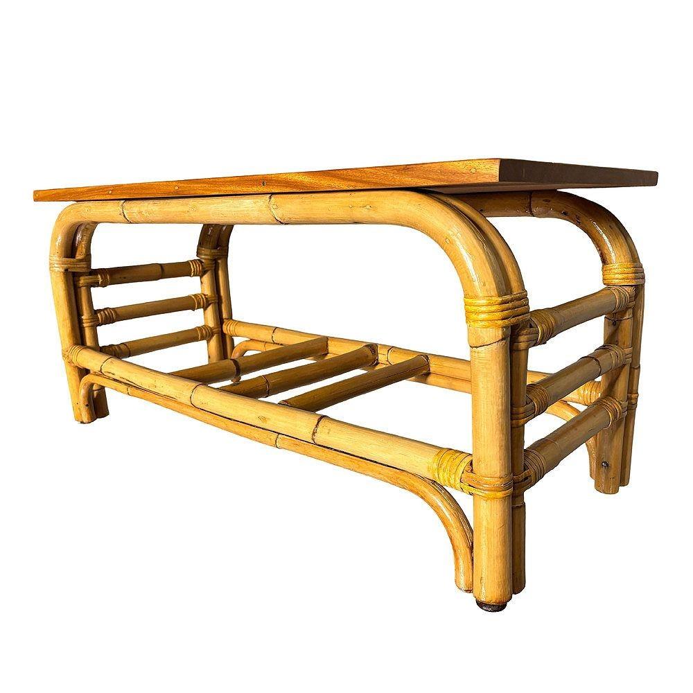 Mid-20th Century Restored 2-Tier Rattan Staple Base Coffee Table w/ Mahogany For Sale