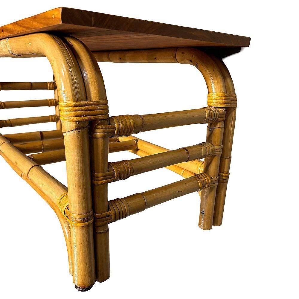 Restored 2-Tier Rattan Staple Base Coffee Table w/ Mahogany For Sale 1
