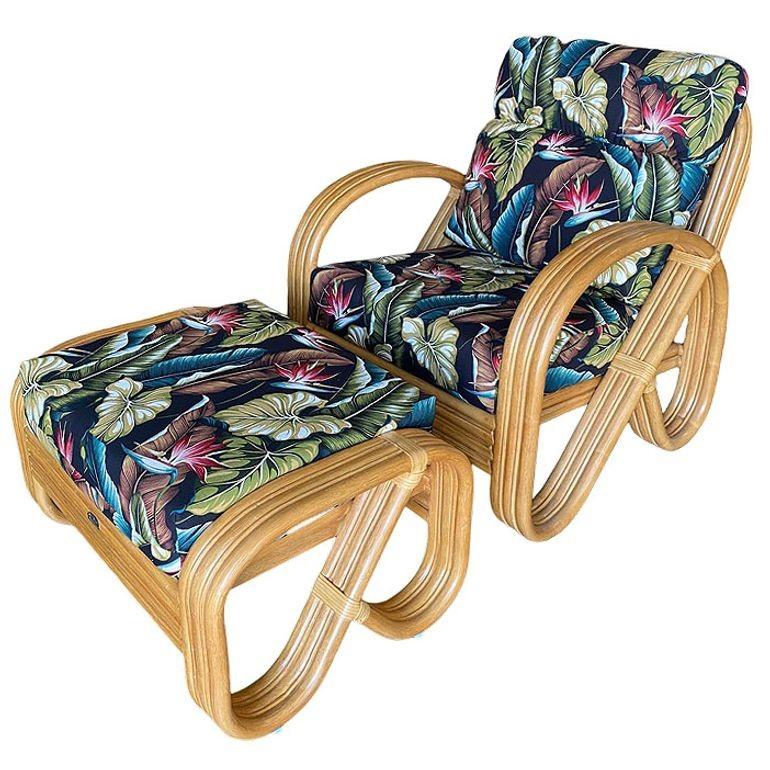 Harvey's Collection features this 1990s 3/4 round pretzel rattan lounge chair and ottoman set. The set features bent rattan 