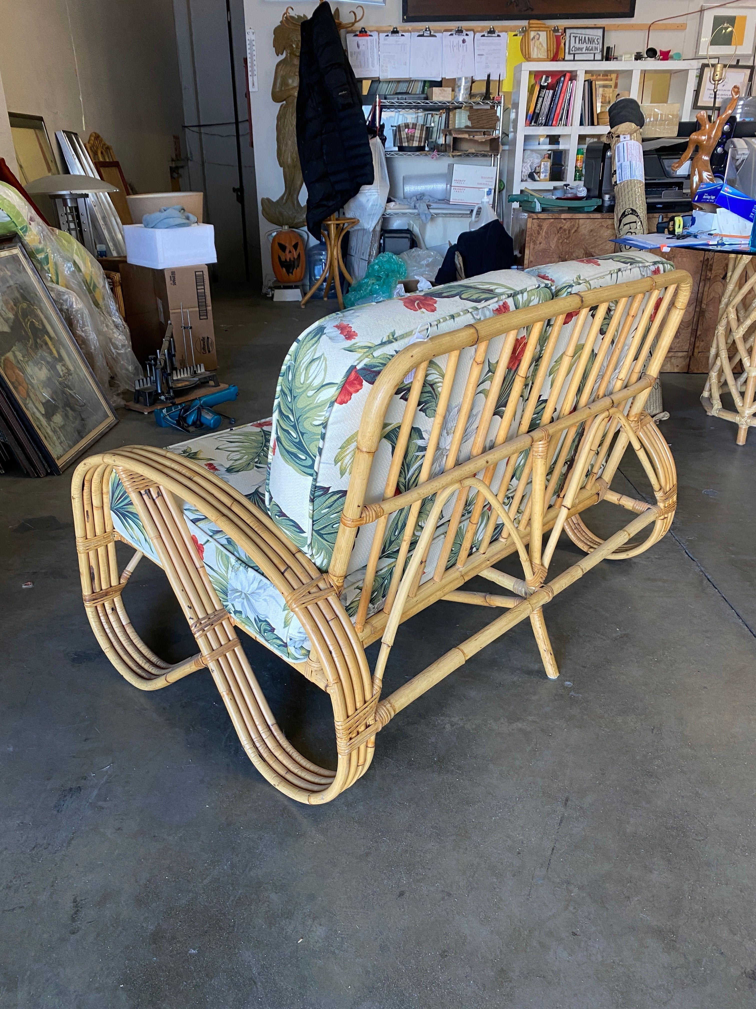 Restored 3/4 4-Strand Round Pretzel Rattan Settee For Sale 3