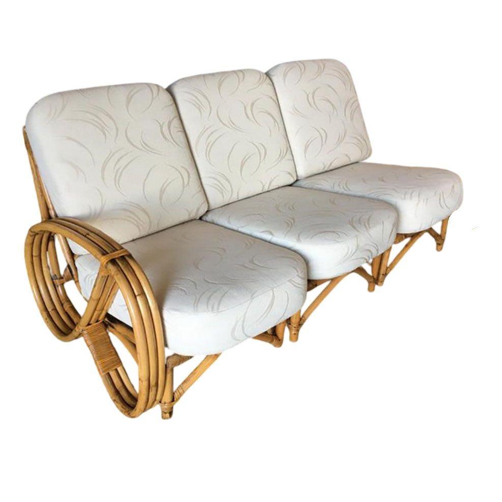 Mid-Century Modern Restored 3/4 Pretzel Rattan 3-Seat Sectional Sofa w/ 2-Tier Side Table For Sale