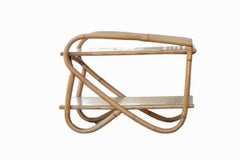 Restored 3/4 Pretzel Rattan Side Table w 2 Tier Formica Top, Pair