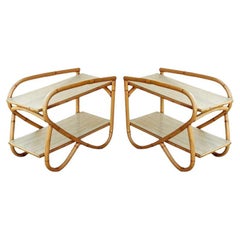 Restored 3/4 Pretzel Rattan Side Table w 2 Tier Formica Top, Pair