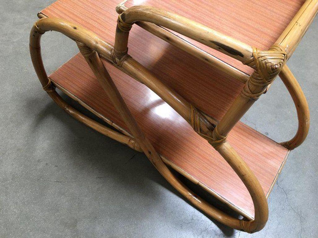 Restored 3/4 Pretzel Rattan Three-Tier Side Table, Pair For Sale 4