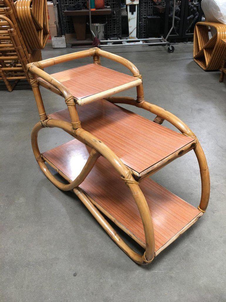 Restored 3/4 Pretzel Rattan Three-Tier Side Table, Pair In Excellent Condition For Sale In Van Nuys, CA