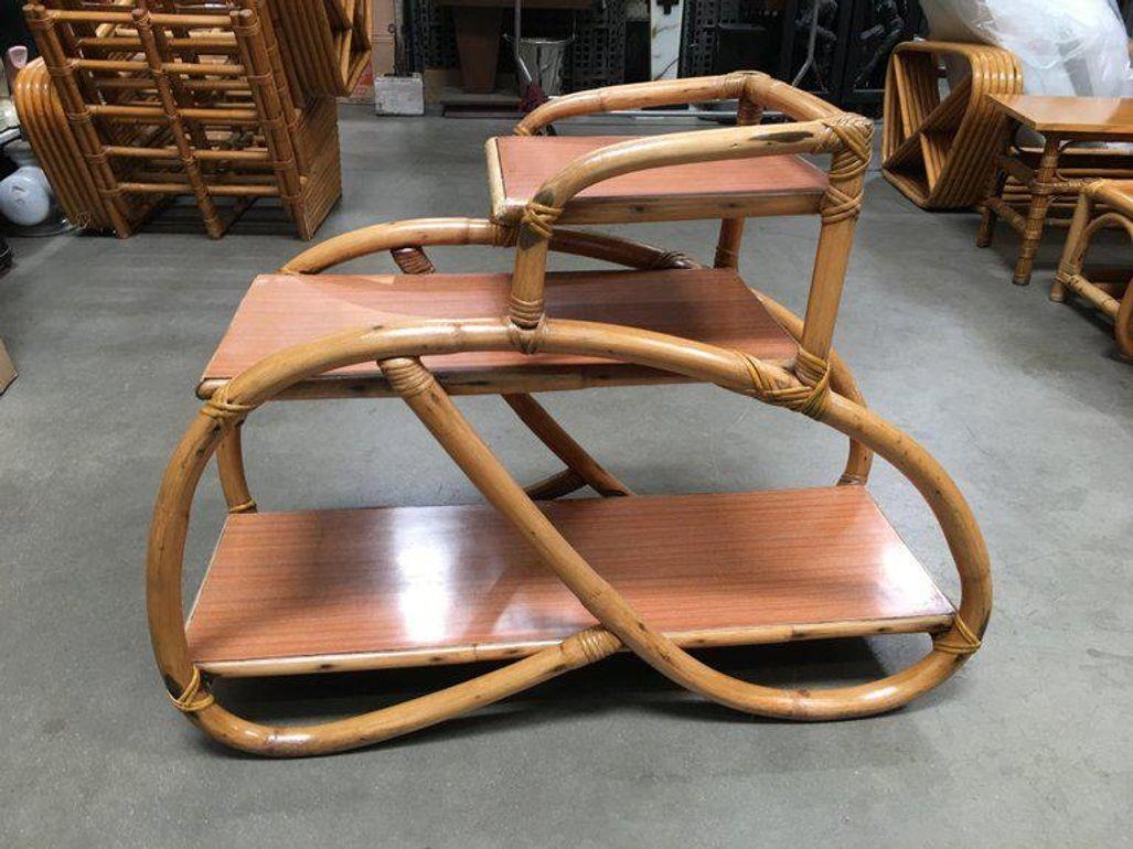 Mid-20th Century Restored 3/4 Pretzel Rattan Three-Tier Side Table, Pair For Sale