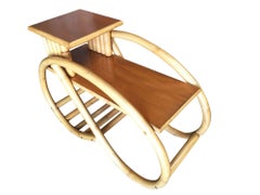 Restored 3/4 Round Pretzel Rattan Side Table w/ 2-Tier Mahogany Tops, Pair