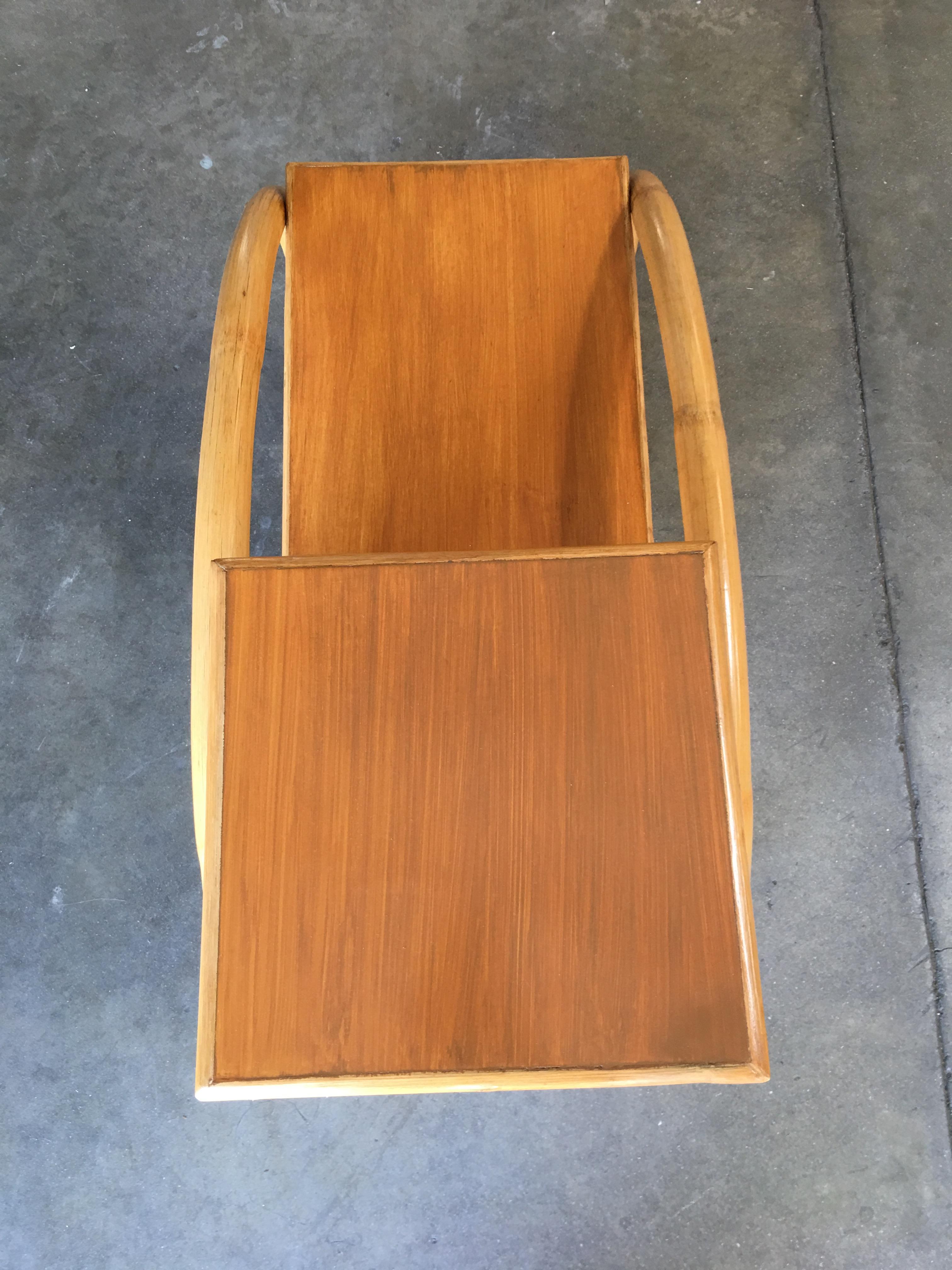 Restored 3/4 Round Pretzel Rattan Side Table with Two-Tier Mahogany Tops, Pair 2