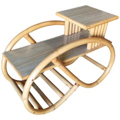Restored 3/4 Round Pretzel Rattan Side Table with Two-Tier Formica Tops