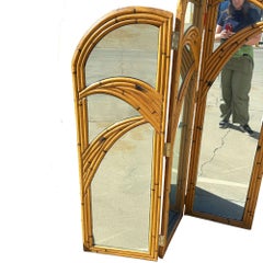 Restored 3-Panel Art Deco Palm Frond Design Rattan Mirror Folding Screen