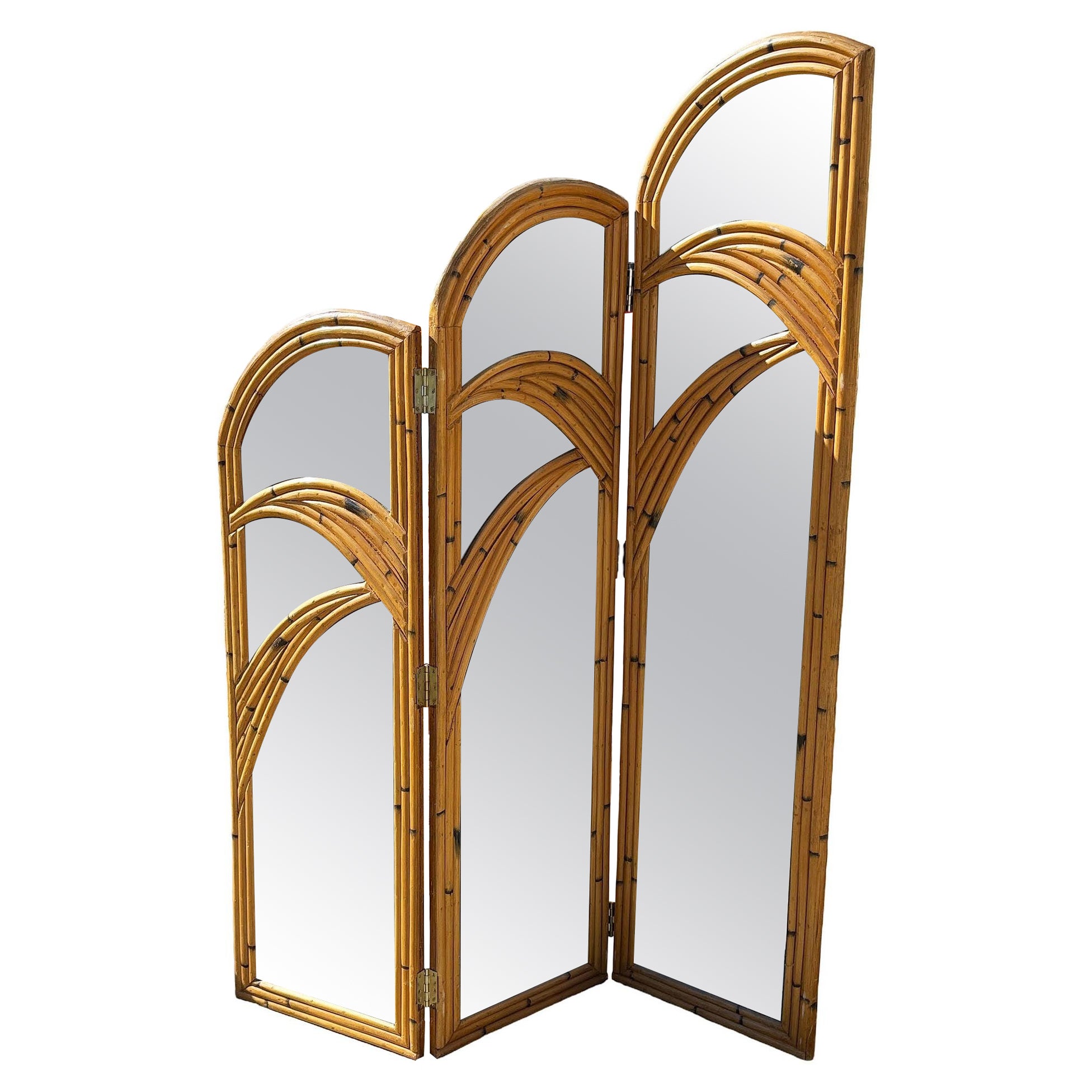 Restaurierte 3-Panel Art Deco Palm Frond Design Rattan Mirror Folding Screen