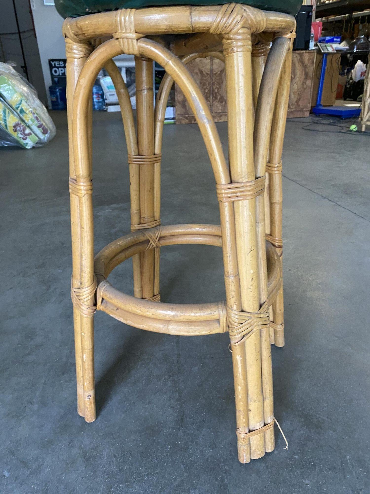 Mid-20th Century Restored 3-Stand Arched Rattan Base Bar Stool w/ Dark Green Seat