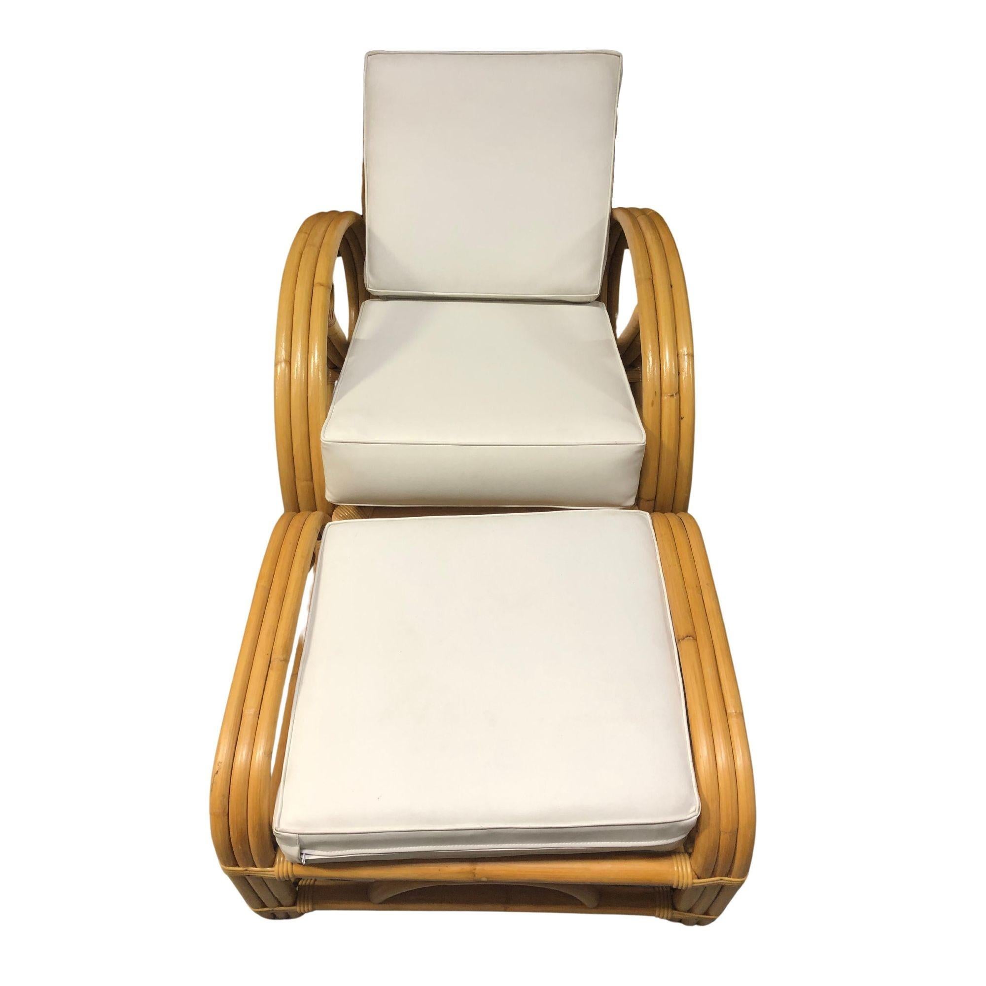 Mid Century 3/4 round pretzel arm rattan lounge chair with three-strand round pretzel arms and an 