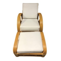 Restored 3-Strand 3/4 Pretzel Rattan Adjustable Reclining Lounge Chair w Ottoman