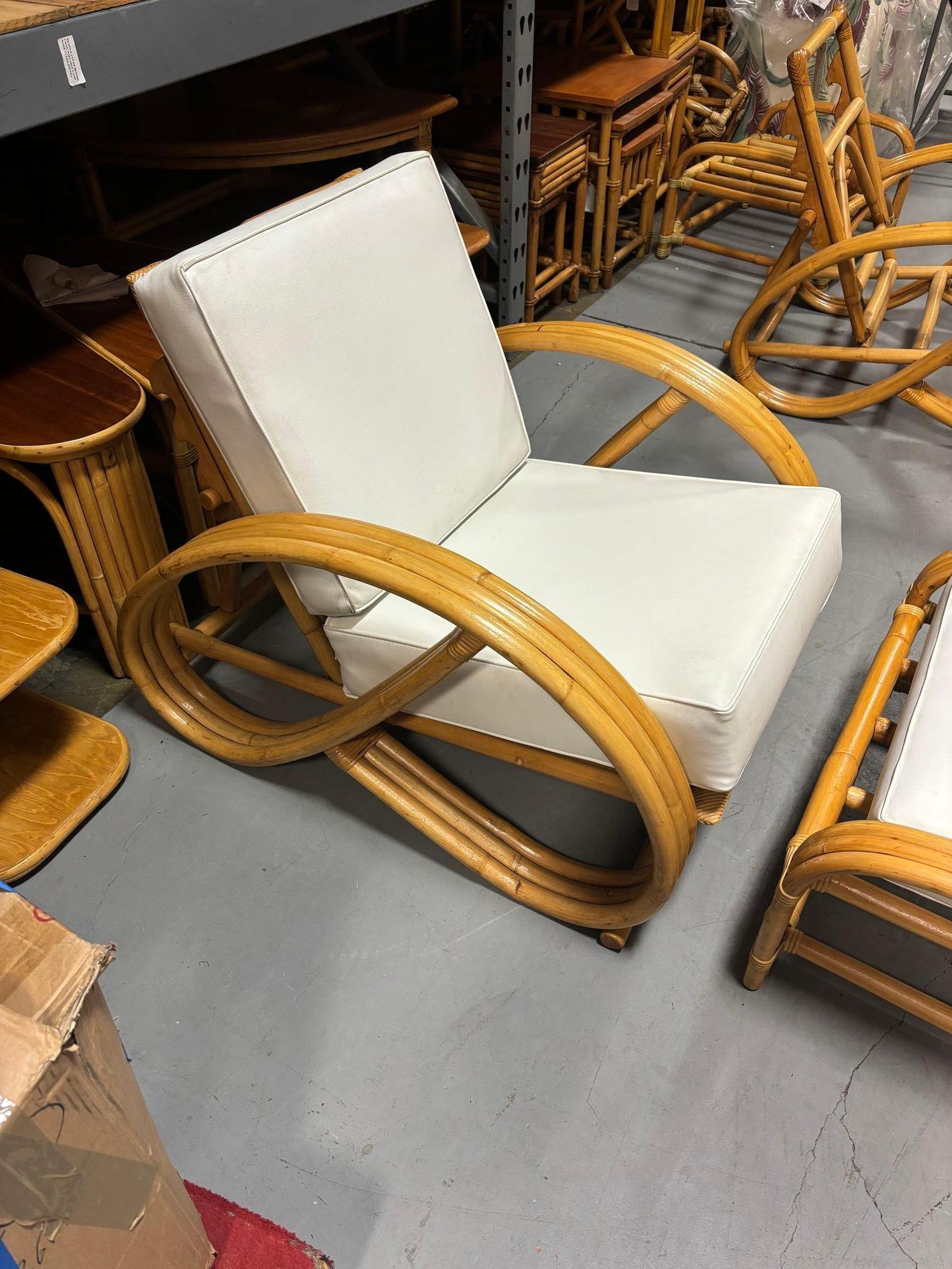 Restored 3-Strand 3/4 Pretzel Rattan Adjustable Reclining Lounge Chair w Ottoman In Excellent Condition For Sale In Van Nuys, CA