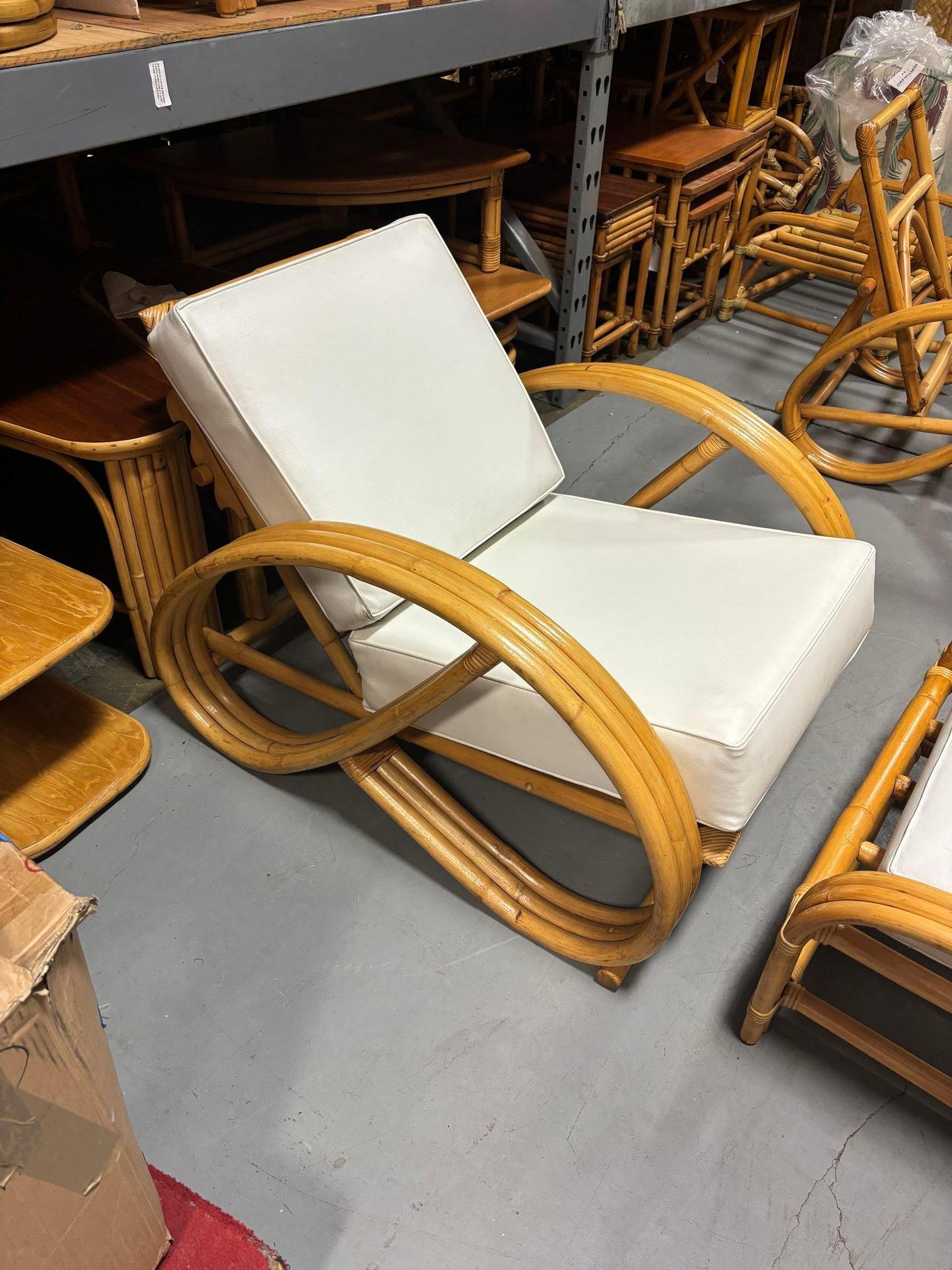 Fabric Restored 3-Strand 3/4 Pretzel Rattan Adjustable Reclining Lounge Chair w Ottoman For Sale