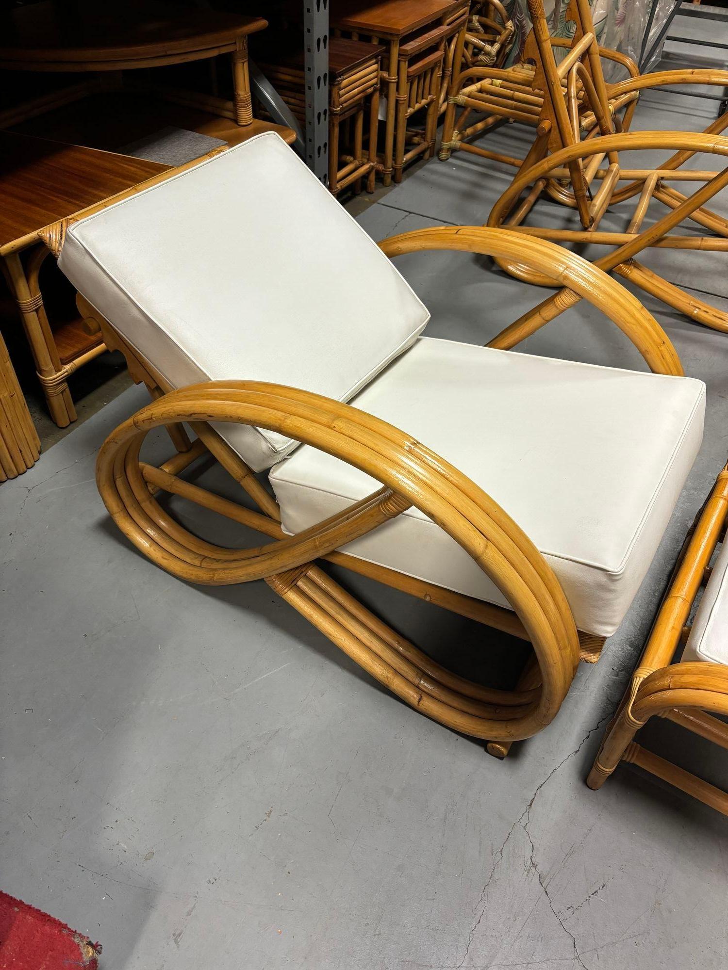 Restored 3-Strand 3/4 Pretzel Rattan Adjustable Reclining Lounge Chair w Ottoman For Sale 1