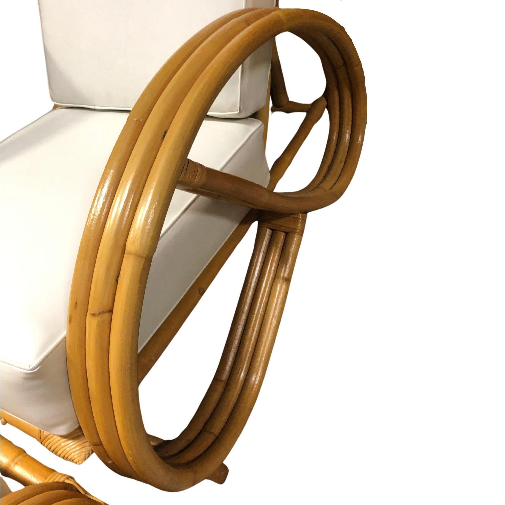 Restored 3-Strand 3/4 Pretzel Rattan Adjustable Reclining Lounge Chair w Ottoman For Sale 2