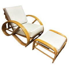 Restored 3-Strand 3/4 Pretzel Rattan Adjustable Reclining Lounge Chair w Ottoman