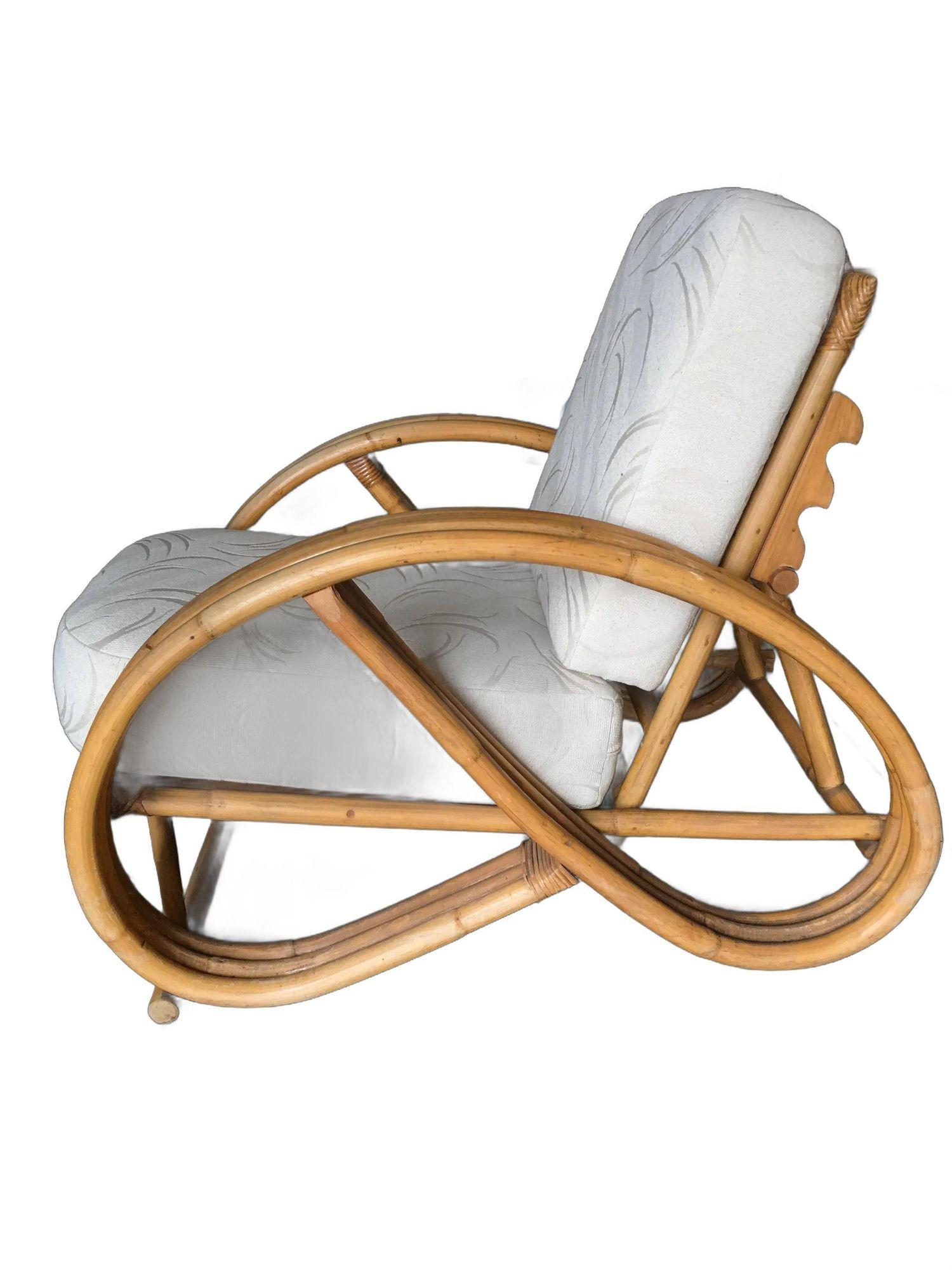 Mid-20th Century Restored 3-Strand 3/4 Pretzel Rattan Reclining Lounge Chair w/ Adjustable Back