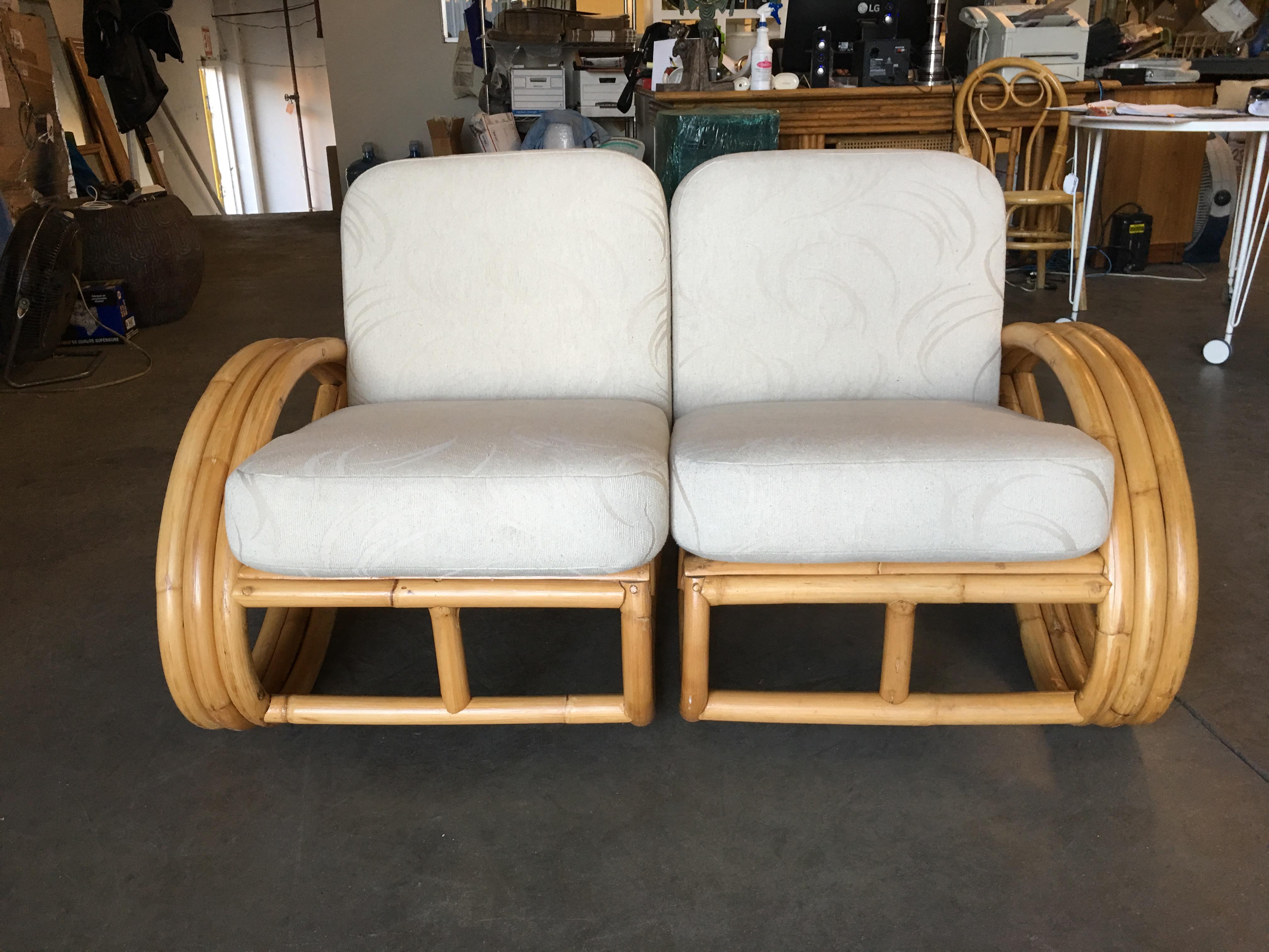 Mid Century 3-Strand 3/4 Pretzel Sectional Rattan Corner Sofa with Drink Table In Excellent Condition For Sale In Van Nuys, CA