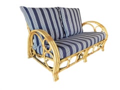 Restored 3-Strand "Circles and Speed" Rattan Settee, Lounge Chair & Ottoman