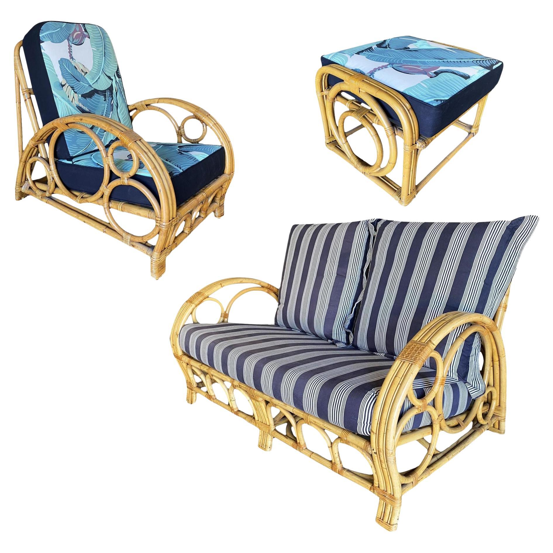 Restored 3-Strand "Circles and Speed" Rattan Settee, Lounge Chair & Ottoman For Sale