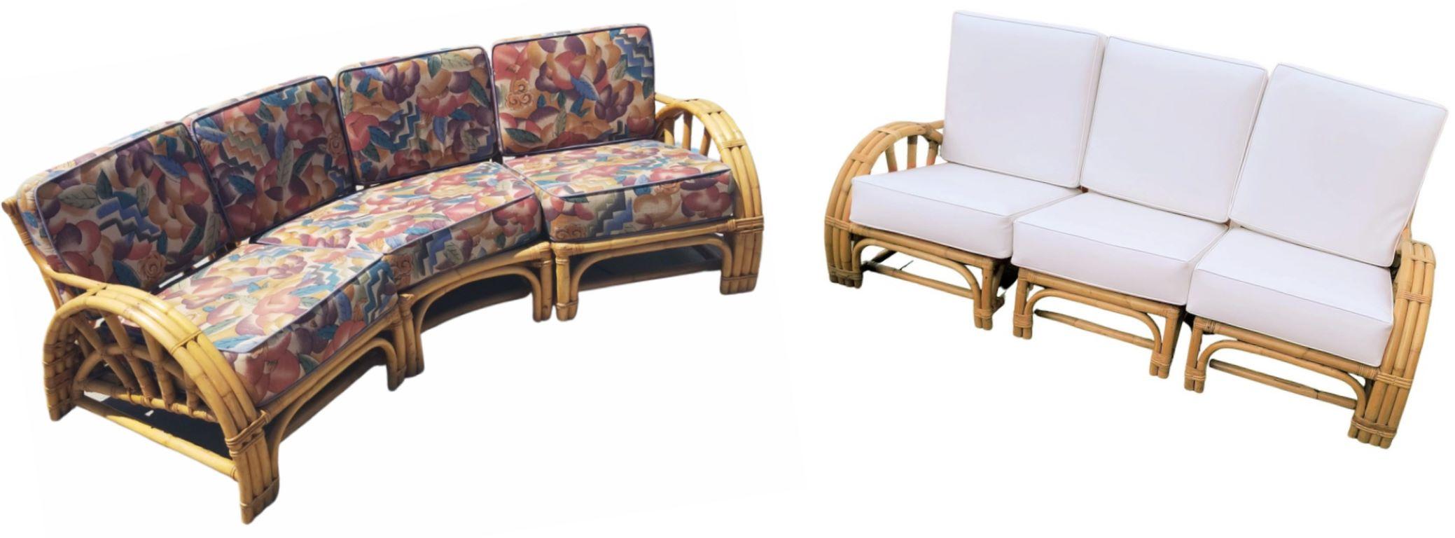 Living room set of 2 three-piece sofa's, one curved and one straight, both with matching three-strand half-moon spoke arms.

Restored 1930 three-strand half-moon sectional spoked sofas in the manner of Paul Frankl with the well-known 