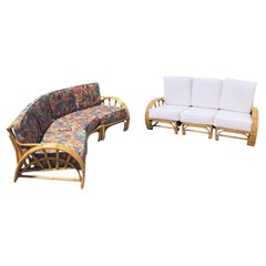 Vintage Restored 3 Strand Rattan 4 Spoke Half Moon Arm Livingroom Sofa Set