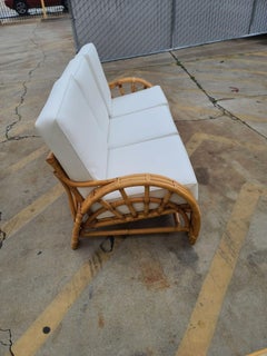 Restored 3 Strand Rattan 4 Spoke Halfmoon Arm 3 Seat Sofa