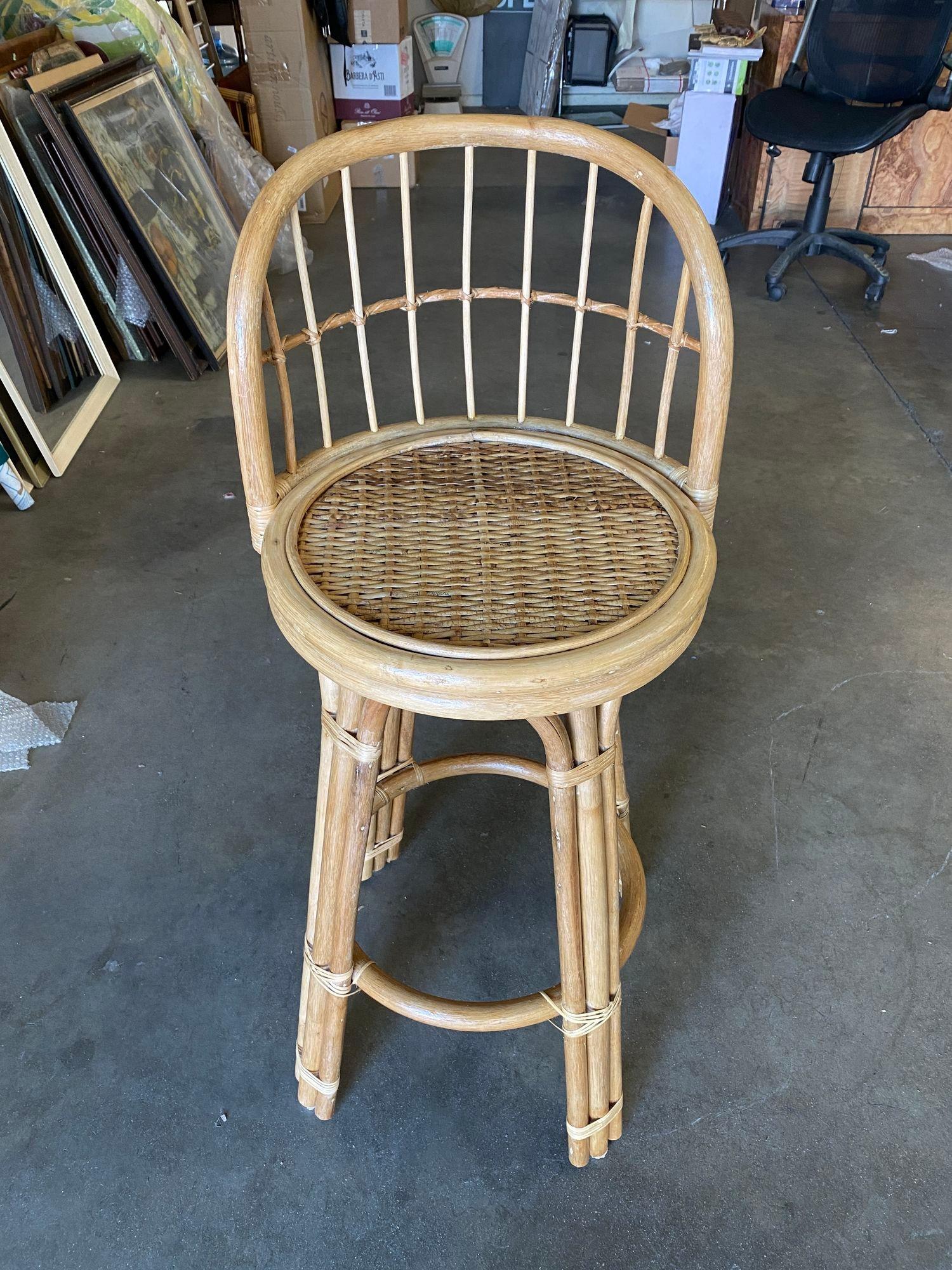 Restored 3-Strand Rattan Bar Stool w/ Stick Reed Rattan Back In Excellent Condition For Sale In Van Nuys, CA