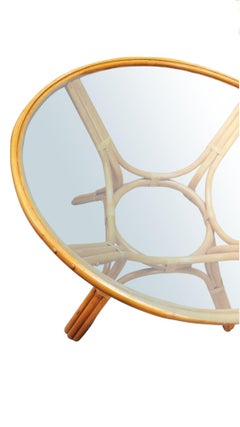 Restored 3-Strand Rattan Round Dining Table with Glass Top