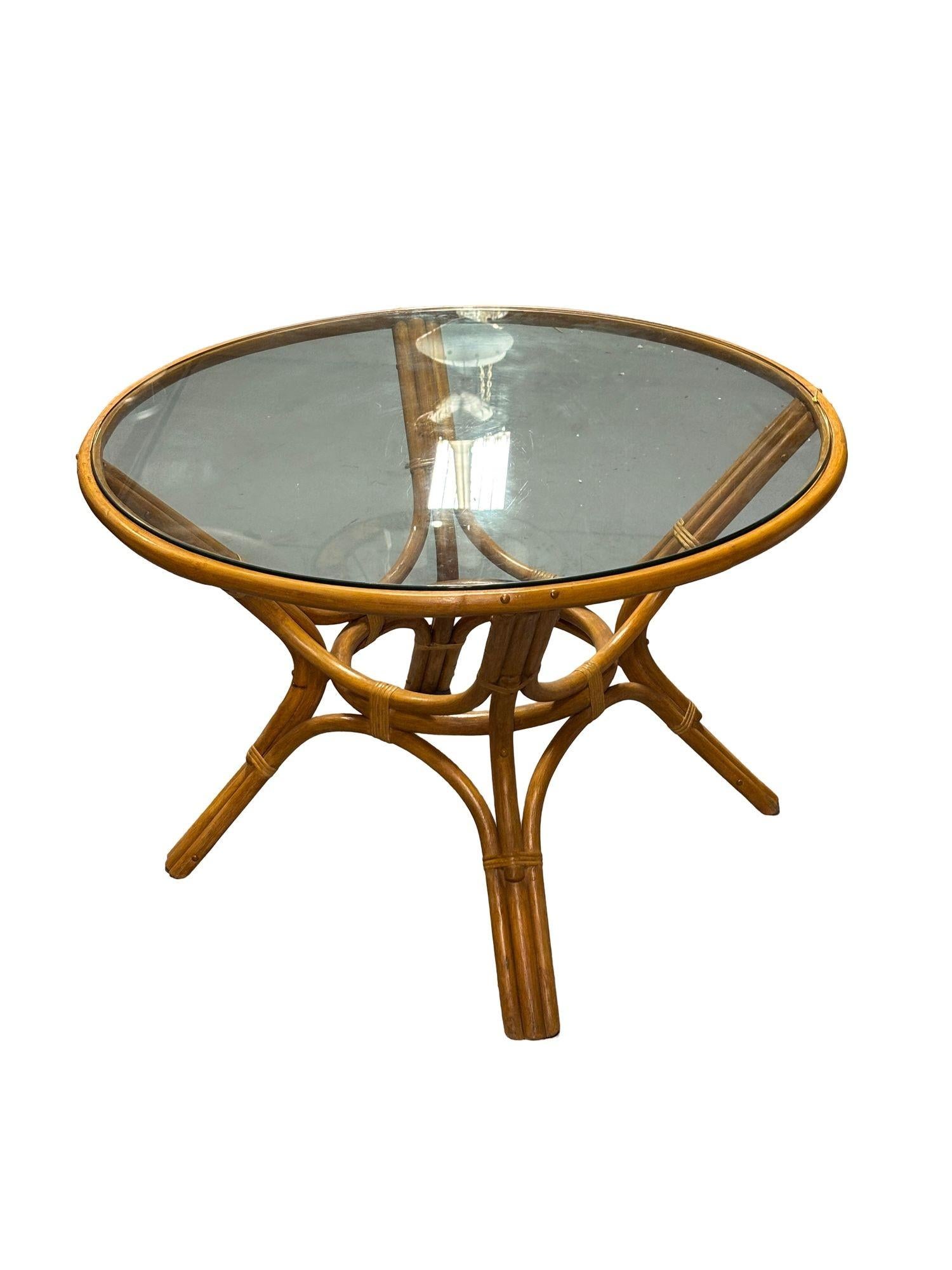 Restored 3-Strand Rattan Round Dining Table with Glass Top For Sale 1